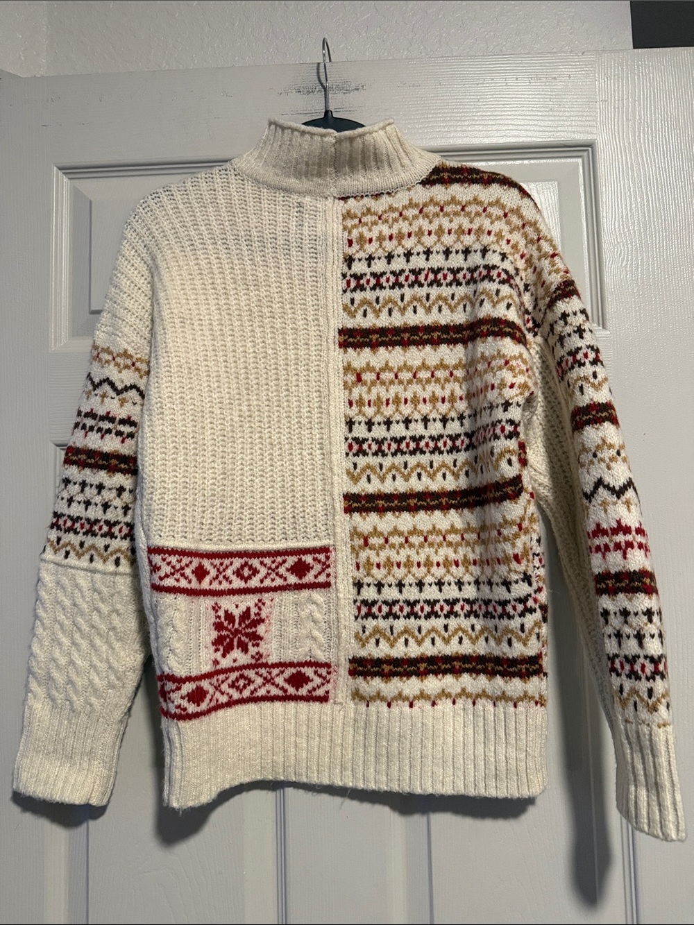 Men's Cream Turtleneck Fair Isle Sweater with Red Accents - Picture 4 of 4